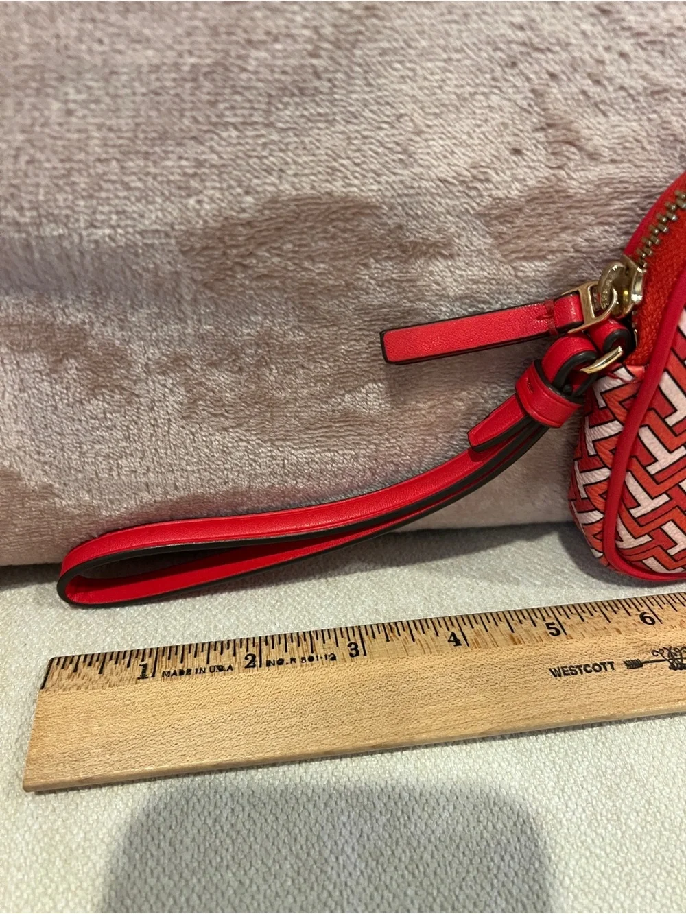 Tory Burch Redish orange and White Patterned wristlet